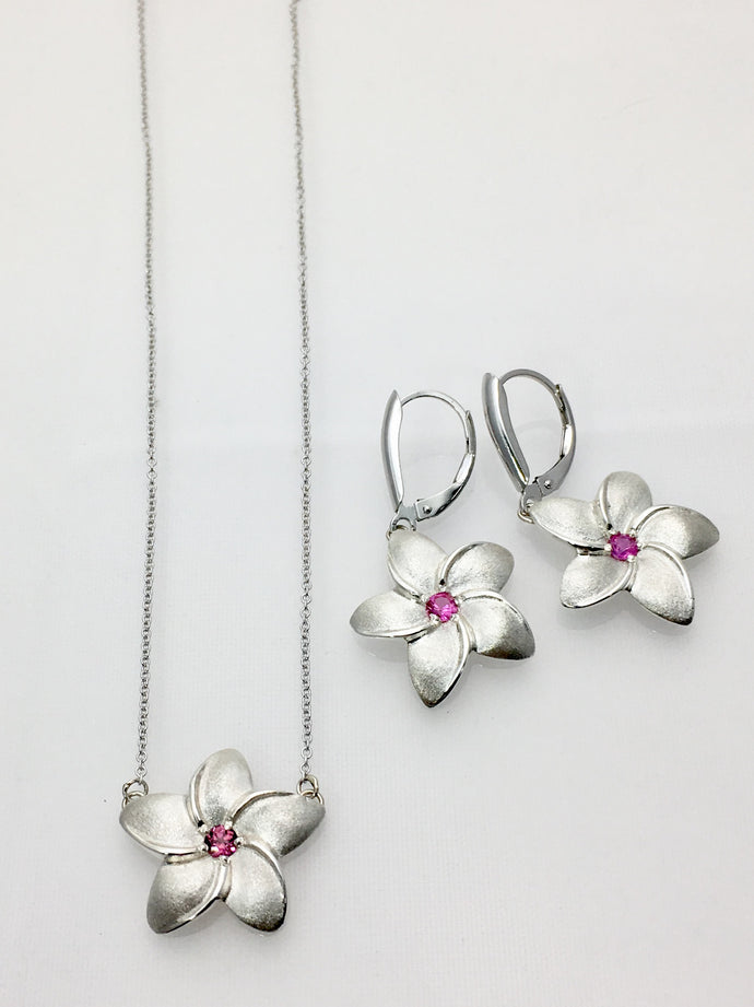 Silver Plumeria with Pink Sapphire Set